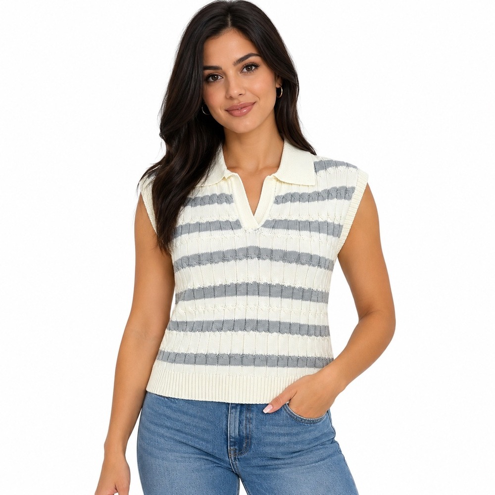 Zenana Womens Striped Cable Knit Sweater Vest Polo Collar Cream Grey S